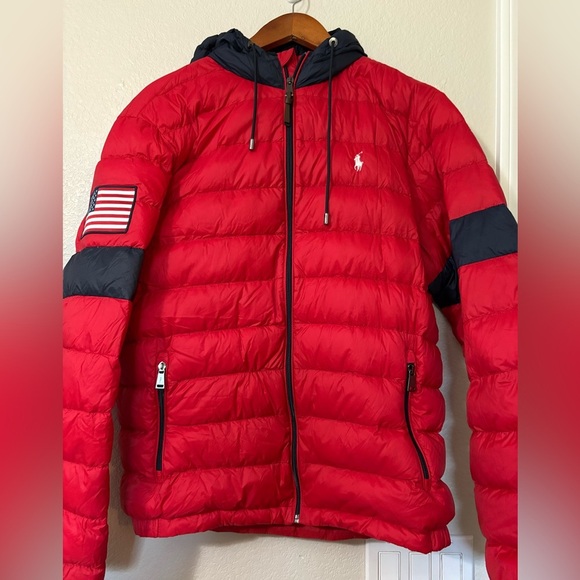 Polo Ralph Lauren Red and Blue Down Puffer with American Patch, White Pony, Hood - Picture 1 of 16